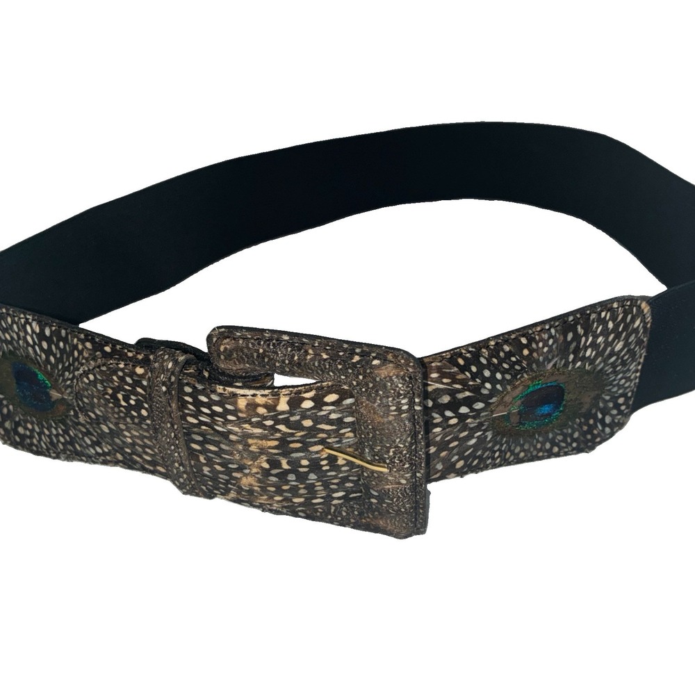 Lee Sands Hawaii Genuine Peacock Pheasant Feathers Adjustable Belt Boho Women M